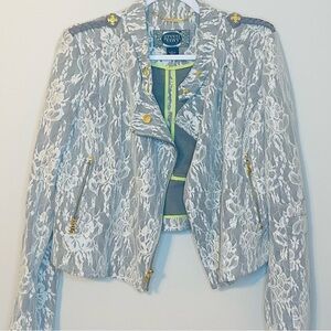 GREEN WITH ENVY Chic Gray Lace Blazer with Englishman Gold Details